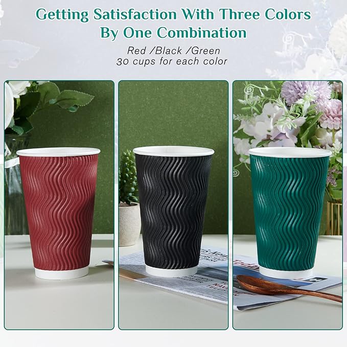MUCHII 16 oz Paper Coffee Cups, 90 Count Multicolor Disposable Insulated Ripple Paper Cups for Hot Chocolate and Tea