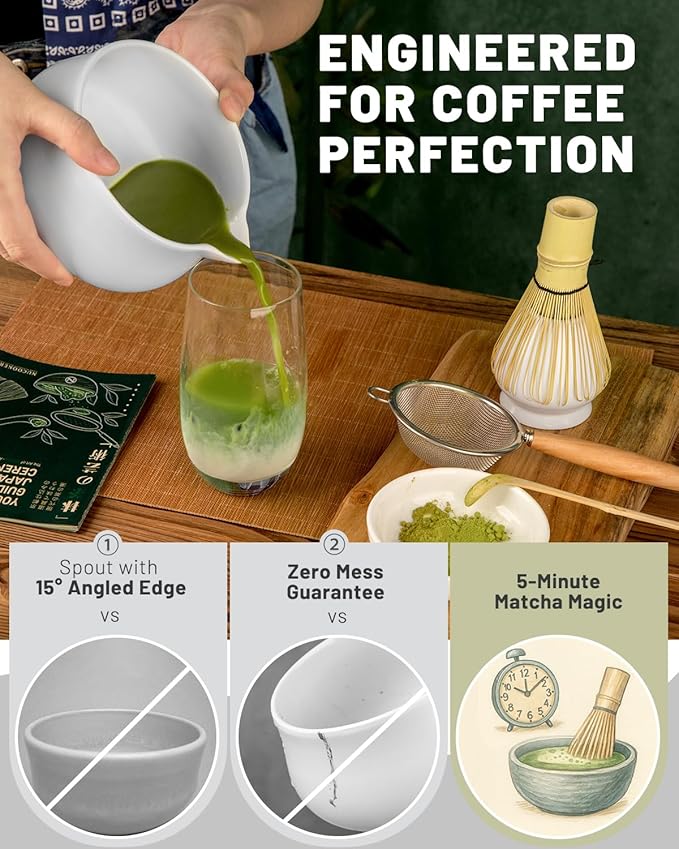 Nucookery Matcha Set - 5PCS Matcha Whisk Set, 18OZ Matcha Bowl (Chawan) with Spout, Matcha Whisk (Chasen) and Holder, Bamboo Matcha Scoop and Sifter, Matcha Kit/Tools/Accessories for Tea Ceremony