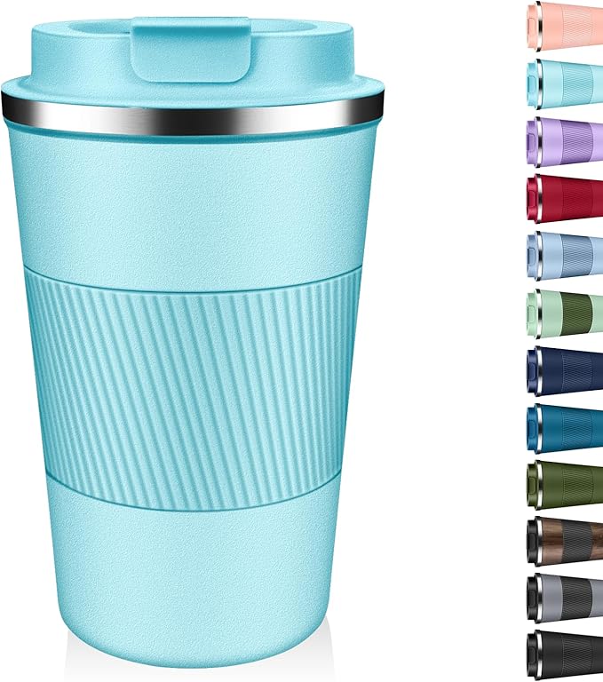 Insulated Coffee Tumbler 12 oz, Stainless Steel Coffee Mug with Lids, Travel Coffee Mug Leak Proof, Double Wall Vacuum Insulated Reusable Coffee Cup, Keep Drinks Hot and Cold (Turquoise, 12 Ounces)