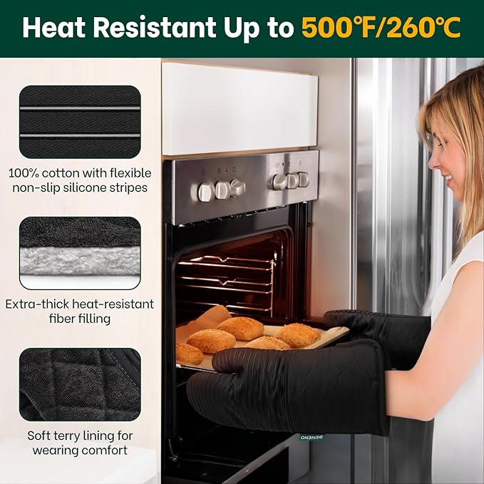 Beneno Kitchen Oven Mitts 2-Pack Heat Resistant to 500°F with Non-Slip Silicone Grip, Extra Long 14.3" Forearm Protection, Soft Quilted Cotton Terry Lining, Ideal for Cooking, Baking, Grilling, Black