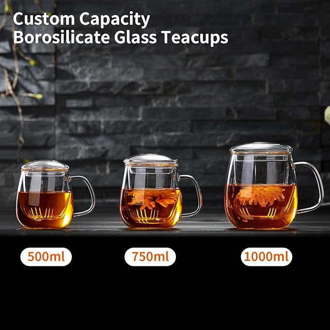 OEM Custom Personalized Gifts Glass Tea Cup with Infuser and Lid,Customized Large Borosilicate Teacup, Clear Mug for Loose Leaf Blooming Tea Maker Gift for Friend, Family