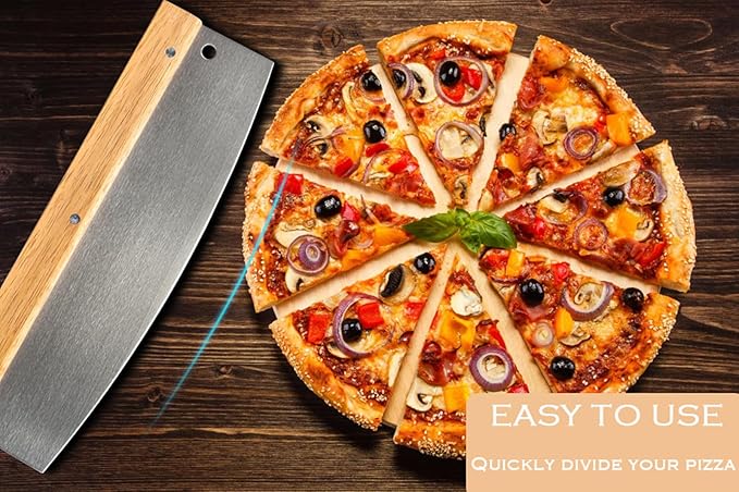 Pizza Cutter Rocker Blade with Wooden Handle and Guard, Sharp Stainless Steel Pizza Slicer, Dough Cutter Equipped with Pizza Spatula, Pizza Oven Accessories for Kitchen Commercial Use