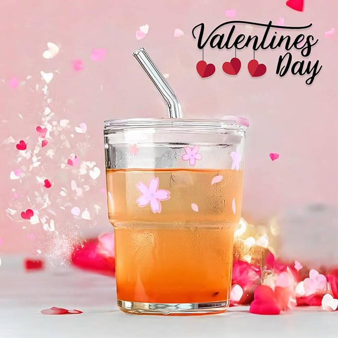 Iced Coffee Cup, 15Oz/450ml With Lids and Straws, Thick Wall Glass Mug for Tea Water, Cute Tumbler Gifts (Pink)
