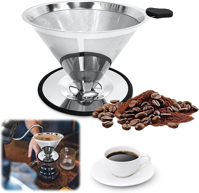 Pour Over Coffee Dripper-Stainless Steel Coffee Filter,Reusable Drip Cone Coffee Filter Portable Pour for 1-4 Cup (With Silicone Ring, M)