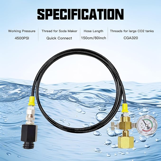 Soda Maker CO2 Tanks Adapter Hose with Big Pressure Gauge, Soda Co2 Fill Adapter Compatible with Fizzi Onetouch Jet Aqua Fizz Blue Cylinder Soda Machine(60 inch)