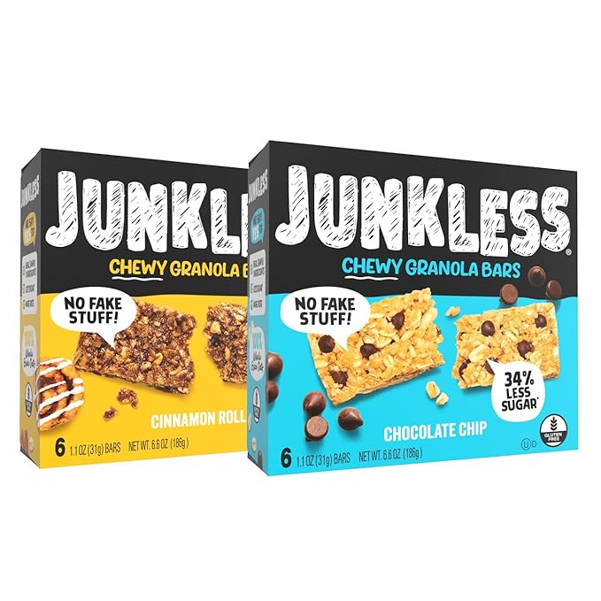 JUNKLESS Chewy Granola Bars Twin Pack – Chocolate Chip & Cinnamon Roll (12 Bars)–Less Sugar, Non-GMO, Gluten-Free, Wholesome Snack Bars for Kids & Adults, 2 Boxes