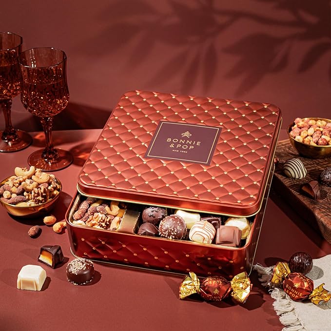Christmas Chocolate Gift Basket- Holiday Nut and Candy Gift Box for Men, Women, Families, Corporate- Bonnie and Pop