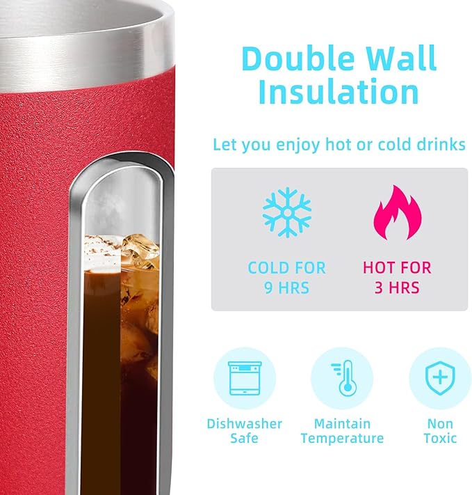 Volhoply 14oz Insulated Stainless Steel Coffee Mug with Leakproof Lid,Double Wall Vacuum Travel Coffee Cup with Handle,Reusable Metal Cups Tumbler,Camping Mugs Keep Hot&Cold,Ideal Gifts(Red,1)