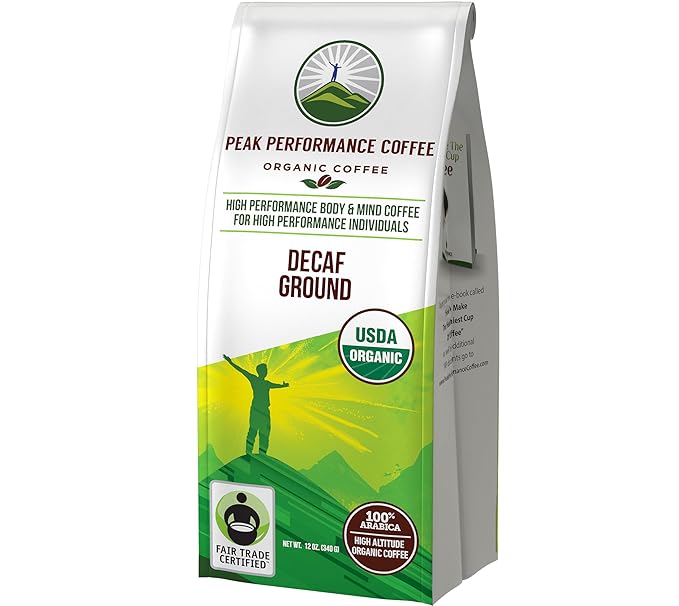 Peak Performance High Altitude Organic Decaf Coffee. Fair Trade, Low Acid, Non GMO, and Beans Full Of Antioxidants. Medium Roast Smooth Tasting USDA Certified Organic Decaffeinated Ground Coffee Bag