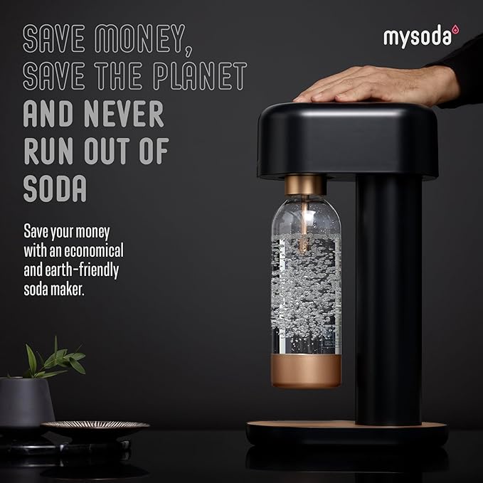 Mysoda Ruby 2 Sparkling Water Maker - Soda Streaming Machine Silent Carbonated Water Machine Robust Long-Lasting Aluminium Soda Maker 1L Water Bottle Without CO2 Cylinder - Black Silver Soda Machine