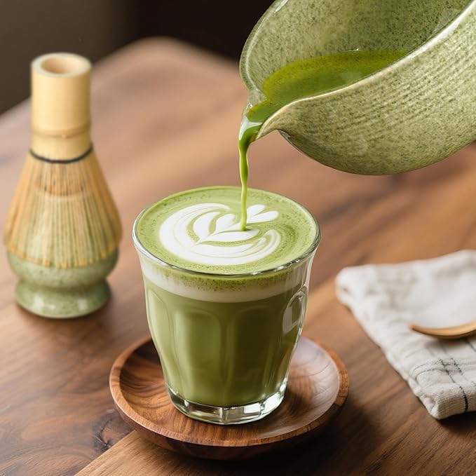 Matcha Whisk Set, Handcrafted Bamboo Chasen & Ceramic Bowl Matcha Kit, Complete 5 Pcs Matcha Set Whisk and Bowl W/Stainless Steel Sifter, Bamboo Scoop & Holder for Matcha Tea Ceremony (Mottled Green)