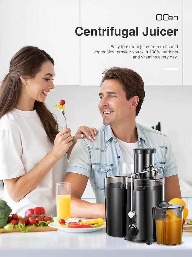 QCen Juicer Machine, 500W Centrifugal Juicer Extractor with Wide Mouth 3” Feed Chute for Fruit Vegetable, Easy to Clean, Stainless Steel, BPA-free (Metallic Black)