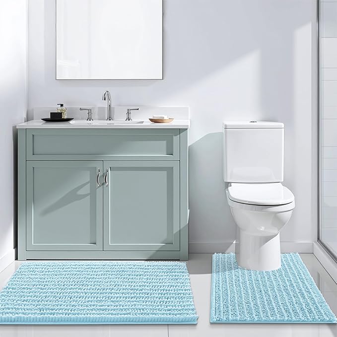 Arotive Luxury Chenille Bathroom Rug Mat, Extra Soft Thick Absorbent Shaggy Bath Rugs, Non-Slip Machine Wash Dry, Plush Bath Mats for Bathroom, Shower and Tub, 54x24, Blue