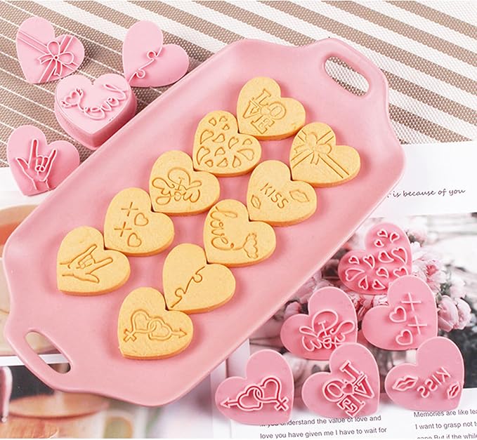10 Pcs Heart Cookie Cutter Set, 3D Pressable Biscuit Cutter and Stamps, Valentine's Day Cookie Molds Wedding Party DIY Cake Decorating Kit (D)