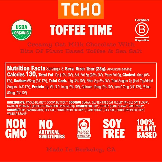 TCHO Toffee Time 53% Oat Milk Chocolate Bars (10 pack) | Plant Based, Organic & Fair Trade, | Non GMO, Non-Dairy, Vegan Chocolate, Soy Free (2.5oz each)