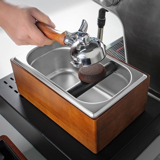 Knock Box Espresso, Coffee knockbox with Rubber Knock Bar and Anti-slip Pad, Commercial Use Large Capacity, Stainless Steel and Wooden, Espresso Accessory
