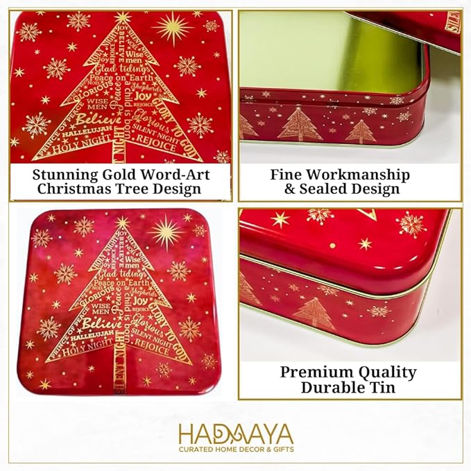 Pack of 2 Square Metal Christmas Cookie Tin Set, Red & Gold, Multipurpose Gift Tins, Durable Storage Solution for Cakes, Candies & More