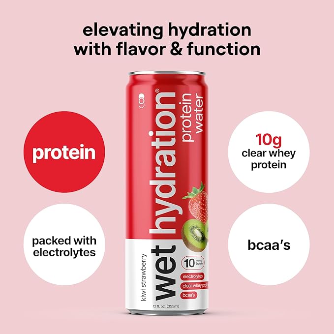 Wet Hydration Protein Water | Electrolyte Drink with Clear Whey Protein & BCAAs - Kiwi Strawberry Flavor (12oz Cans, Pack of 12) | Zero Sugar, 10g Protein, Low Calorie, Functional Hydration