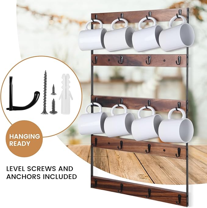 Wall Mounted Coffee Mug Holder, Large 5 Tier Shelf with 20 Hooks for Cups, Rustic Wooden Display Rack for Kitchens, Homes and Bars (Walnut)