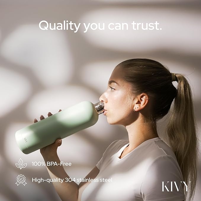 KIVY Stainless Steel Insulated Water Bottle 32oz | Slim Water Bottle for Travel, Car, Gym, Cupholder, Backpack side pocket - Slim water bottle no straw - Skinny water bottle screw top