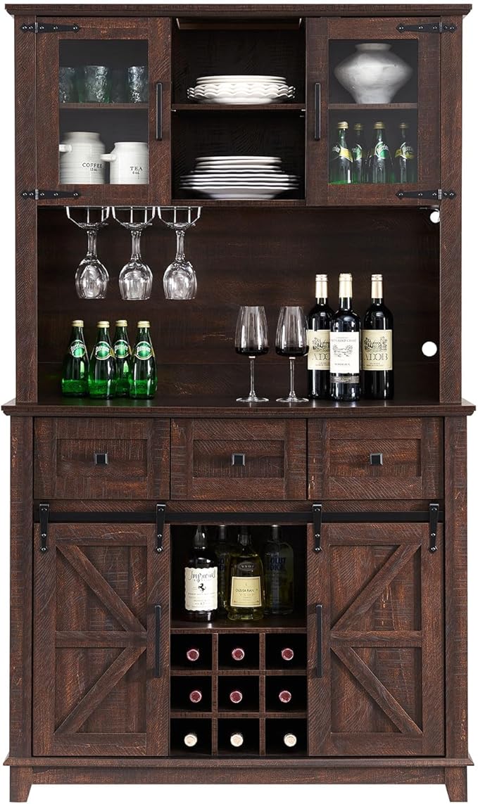 AMERLIFE 72'' Coffee Wine Bar Cabinet with Sliding Barn Door, Farmhouse Kitchen Sideboard, Buffet Storage Table, Wine Glass Racks, 3 Drawers, LED Lights, Tall Hutch Home Bar for Dining Room Brown