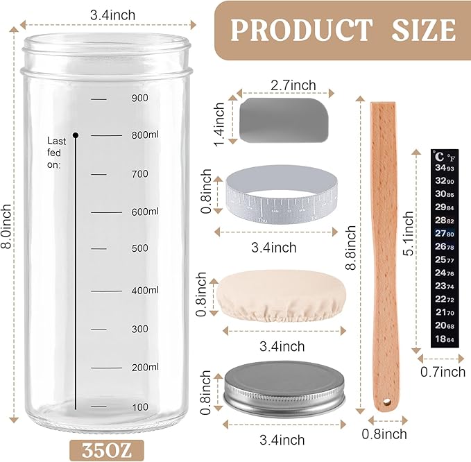 Sourdough Starter Jar, 1000ML Sourdough Starter Kit with Date Marked Feeding Band, Thermometer, Cloth Cover & Metal Lid, Reusable Sourdough Bread Baking Supplies, Home Baking Supplies