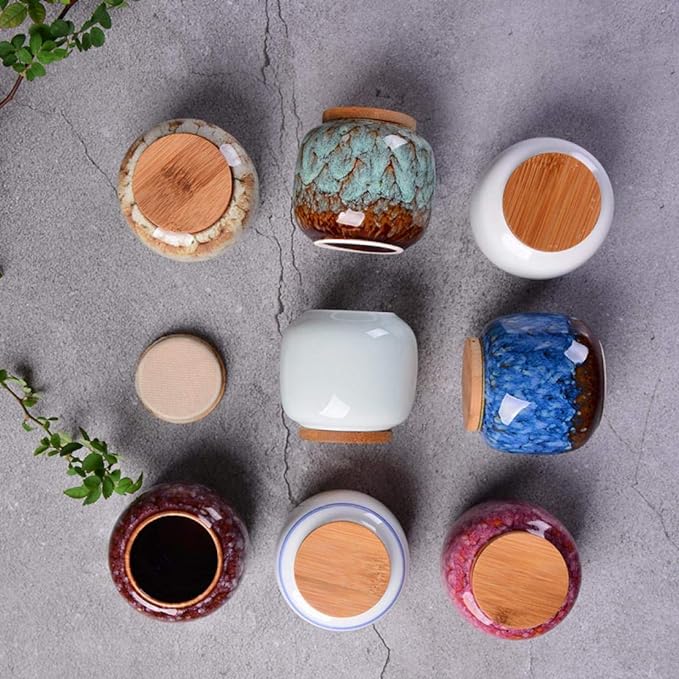 Gets Traditional/Vintage Chinese Style Ceramic Storage Jars with Bamboo Lid, Tea Tins Cans Canister for Kitchen Spice, Tea, Coffee, Condiment (Light blue)