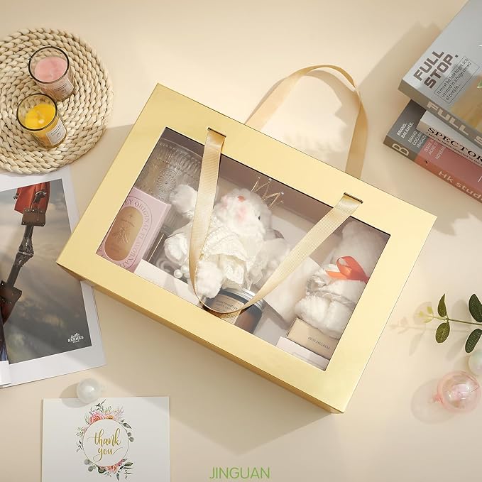 Large Gold Clear Gift Box, 13.5x9x4.1 Inches Gift Box with Window by Handle, Bridesmaid Proposal Box, Collapsible Gift Box with Magnetic Closure (Glossy Gold, 1 Pack)