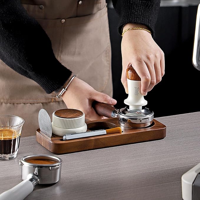 Bincoo 58mm Espresso Tamping Station - Sapele Coffee Bar Organizer with Non-Slip Mat, Multi-Slot Design for Counter, Holds Tamper,Distributor, Basket Holder