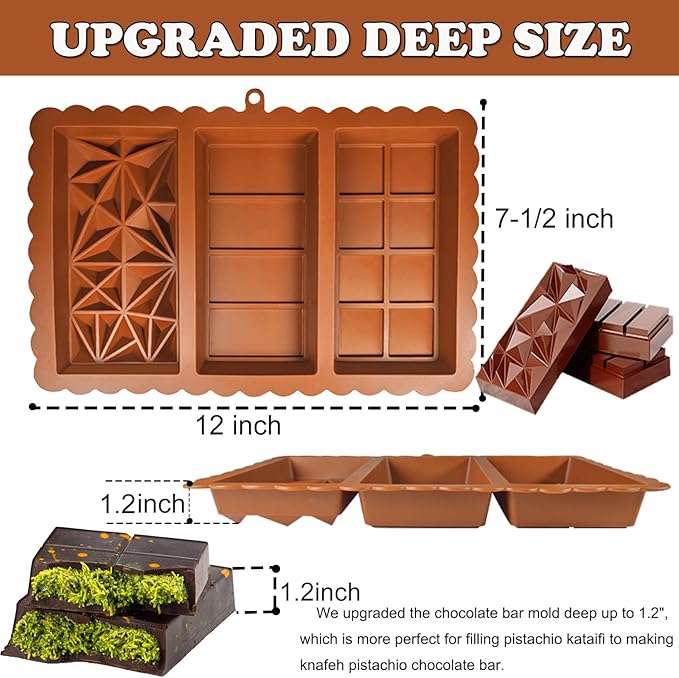 2 Pack Deep Chocolate Bar Mold 1.2 inch Kataifi Pistachio Dubai Chocolate Bar Kit Thick Silicone Molds for Stuffed Bar Large Big Candy Bar Mould for Filling