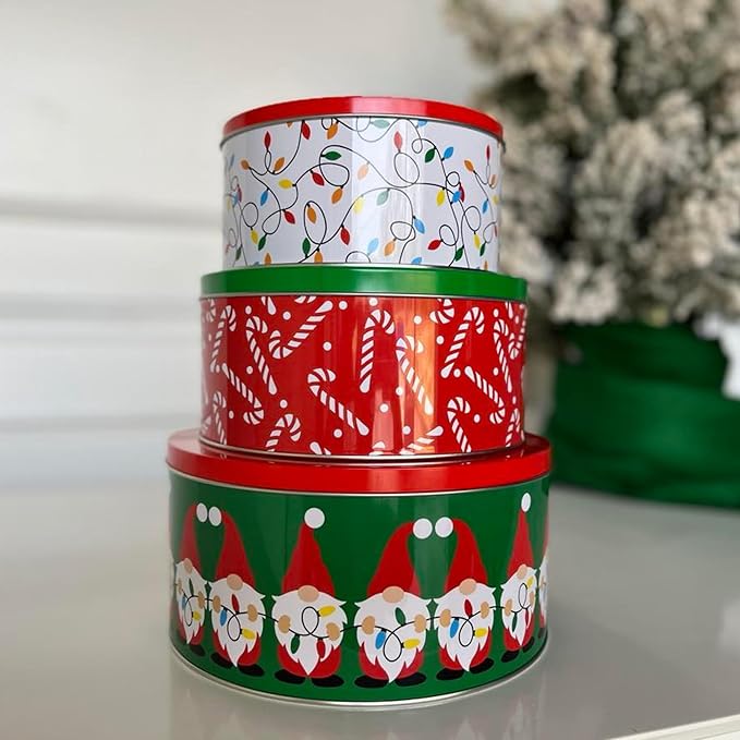 Steel Mill & Co Tin Containers with Lids, 3 Pack Christmas Cookie Tins, Festive Cookie Tins for Gift Giving & Holiday Treats, Round Metal Nesting Containers, Large Medium Small (Gnome)