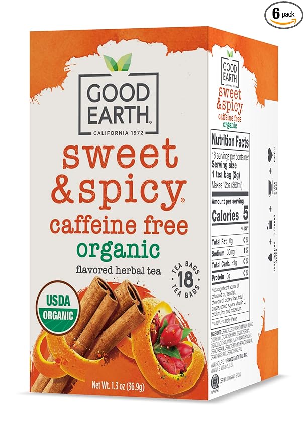 Good Earth Tea Sweet & Spicy Organic Caffeine Free Herbal Black Tea, 18 Teabags (Pack of 6)