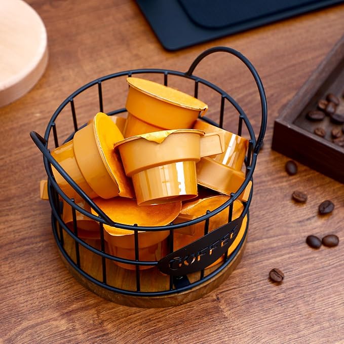 Kichvoe Coffee Pod Holder - Black Wire Coffee Capsule Basket with Wooden Base and Handles - Compact Station Organizer for Countertop - Multi-Functional Bar Accessory