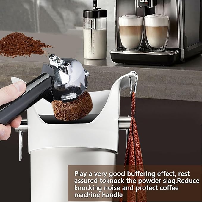 Knock Box for Espresso Grounds, Commercial Floor Standing Barista Style Absorbent Knockbox with Removable Non-Slip Base, Coffee Grind Collection Dump Bin,White