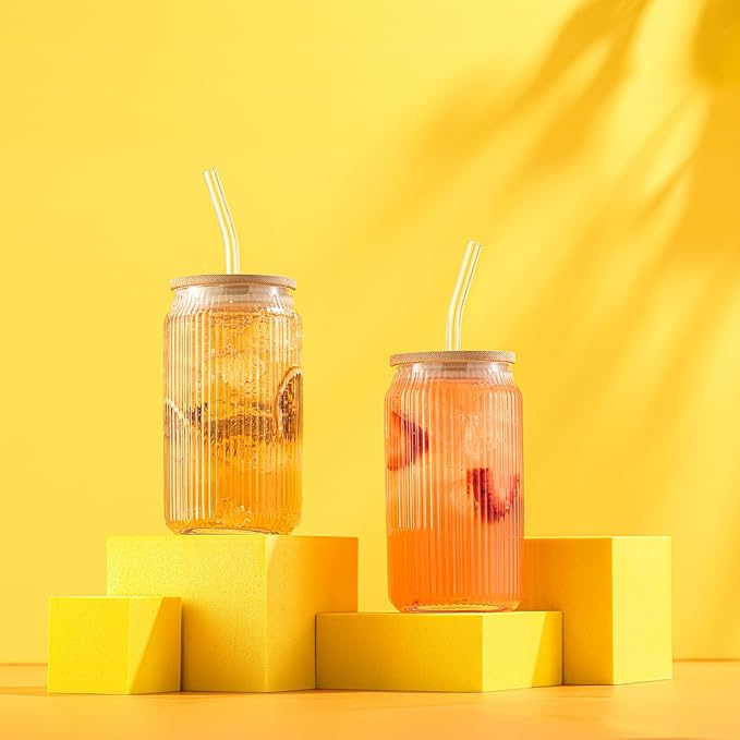 JoyJolt Fluted Glass Tumblers with Bamboo Lids and Glass Straws, Ribbed Can Shaped Drinking Glasses Set of 4, 16oz Cup with Lids and Straws, Iced Coffee Cups, Cocktail/Beer Glasses, Tea Cups