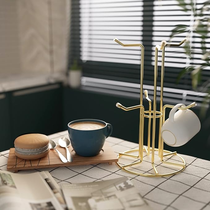 HULISEN Mug Holder for Large Cups, Mug Tree for Counter with 6 Hooks, Metal Coffee Mug Stand for Easy Pick, Place and Display, Coffee Bar Accessories and Decor, Free Standing Mug Rack, Gold