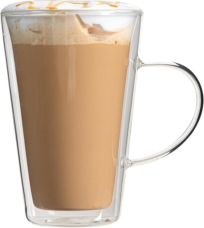 Restaurantware-Forma Professional 13.5 oz Double Wall Glass Mugs, 2 Insulated Coffee Mugs With Handle - Dishwashable, Reusable, Clear Glass Beverage Cups, Freezable, For Hot Or Cold Beverages