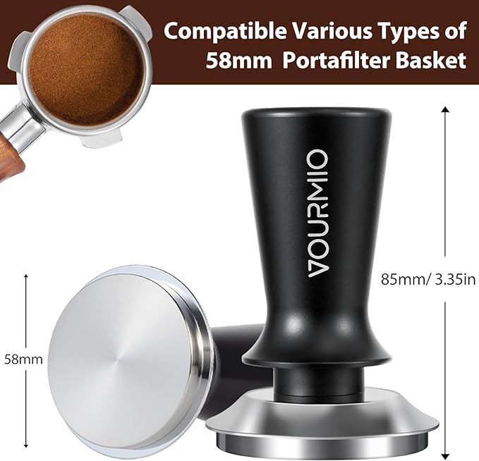 58mm Espresso Tamper - Spring-Loaded Coffee Tamper with Flat Stainless Steel Base, Compatible with Breville 58mm Portafilter Basket, Professional Barista Accessories, Black