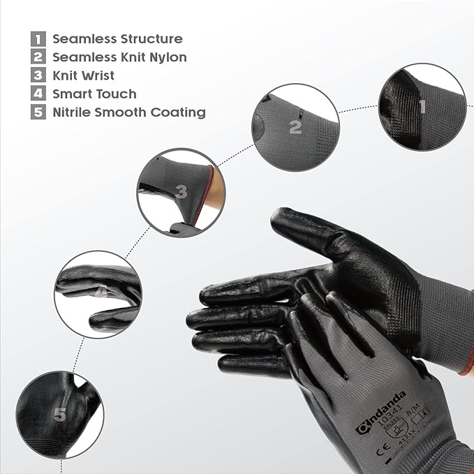ANDANDA Smart Touch Work Gloves - 12 Pairs, 3D Comfort Stretch Fit, Nitrile Coated with Grip, Seamless Knit Nylon, Suitable for Warehousing, Black (XXL)