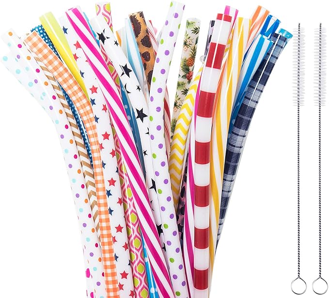 50 Pack Bent Reusable Straws, BPA-Free, 9" Colorful Hard Plastic Stripe Drinking Straw for Mason Jar Tumbler, Family or Party Use With Cleaning Brush