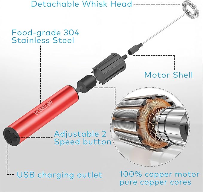 Milk Frother, Rechargeable Battery Operated Frother for Coffee,Portable Drink Mixer with 2 Stainless Steel Whisk Heads,Milk Foamer for Keto Coffee, Latte, Cappuccino, Hot Chocolate,Rube Red