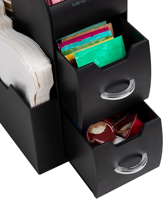 Mind Reader Cup and Condiment Station, Countertop Organizer, Coffee Bar, Kitchen, Stirrers, 5.35"W x 11.25"L x 11.15"H, Black