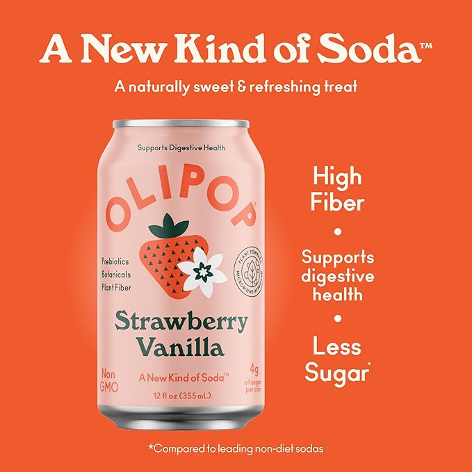 OLIPOP Prebiotic Soda Pop, Strawberry Vanilla, Pantry Pack Packed with Prebiotics, Fiber, and Botanicals, Gluten Free, Vegan, GMO Free, 12oz (12-Cans)