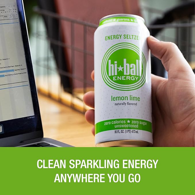 Hiball Clean Energy Drink - Lemon Lime - Zero Sugar, Zero Calorie Sparkling Water with 160mg Organic Caffeine, 50mg Organic Ginseng, 50mg Organic Guarana - 16 fl oz (8-Pack)