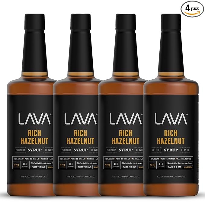 (4-Pack) LAVA Premium Hazelnut Syrup, Natural Hazelnut Coffee Sweetener, 33.8oz (1-Liter), Made with 100% Sugar, No Artificial Sweeteners, Flavors, or Colors