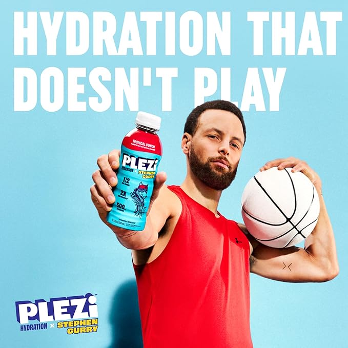PLEZi Tropical Punch Hydration Drink x Stephen Curry - Sports Drinks with 2X Electrolytes - 500mg Potassium, Low Sugar, No Added Sugar - For Kids & Adults - 16.9 Fl Oz (12 Pack)