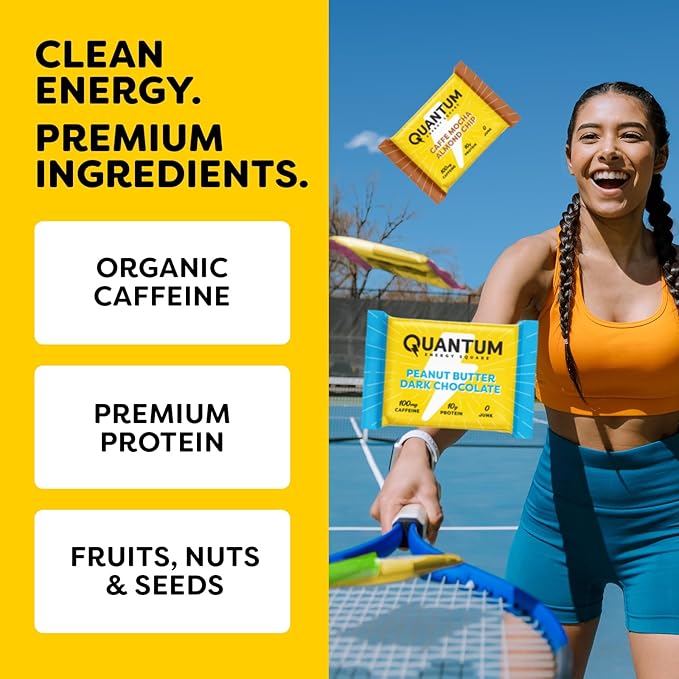 Quantum Energy Square: Energy Bar with Caffeine & 10g Protein. Delicious Healthy Snack On The Go. (Vegan, Gluten-free, Soy-free, Dairy-free) (Variety Mega Pack)