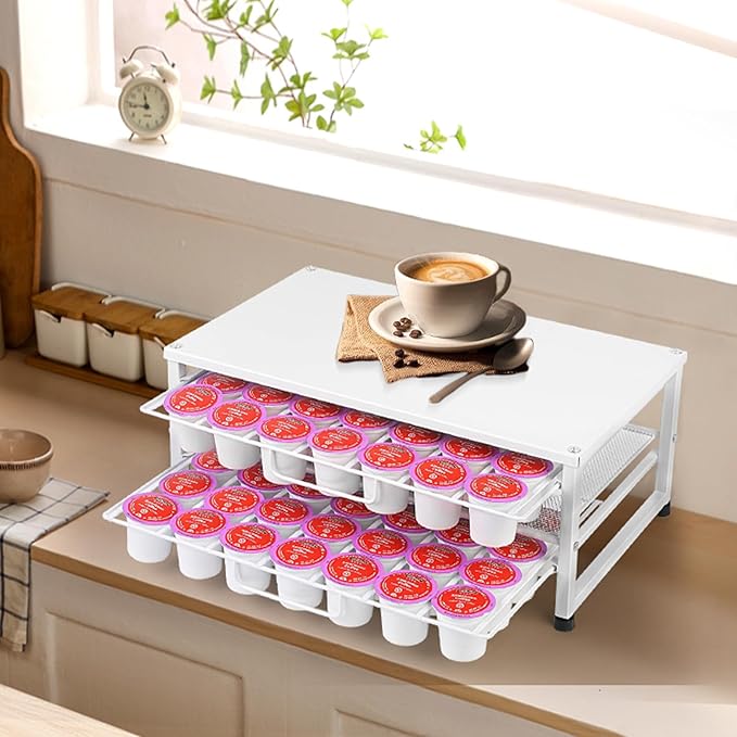 K Cup Holder Organizer for 70 Pods, 2-Tier Coffee Pod Holder for K-Cup with 2 Sliding Storage Drawers, Coffee Station Bar Organizer Accessories for Kitchen Countertop Home Office, White