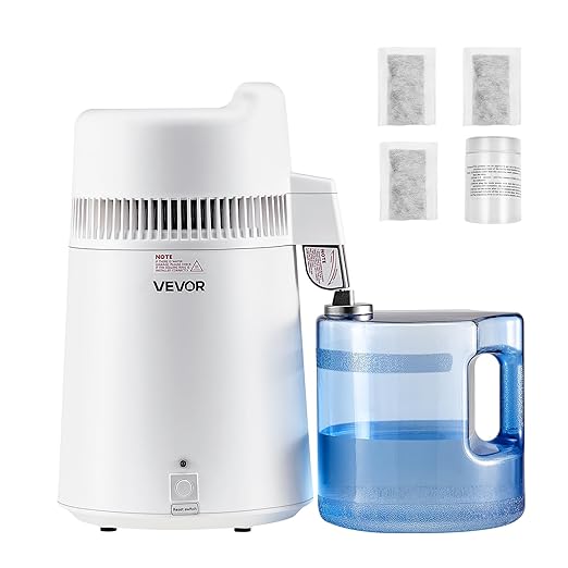 VEVOR Water Distiller, 6L/1.6 Gallon Larger Distilled Machine, 900W Distilling Water Maker, 0-99H Timing Set, Time & Temp Display, 304 Stainless Steel Interior Stiller with Plastic Carafe, White