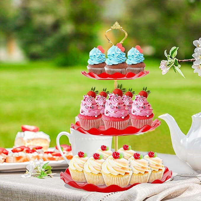 3 Tier Cupcake Stand Holder, Plastic Cup Cake Stand Tower with Tiered Serving Tray for Cupcakes, Donuts, Fruits and More, Red